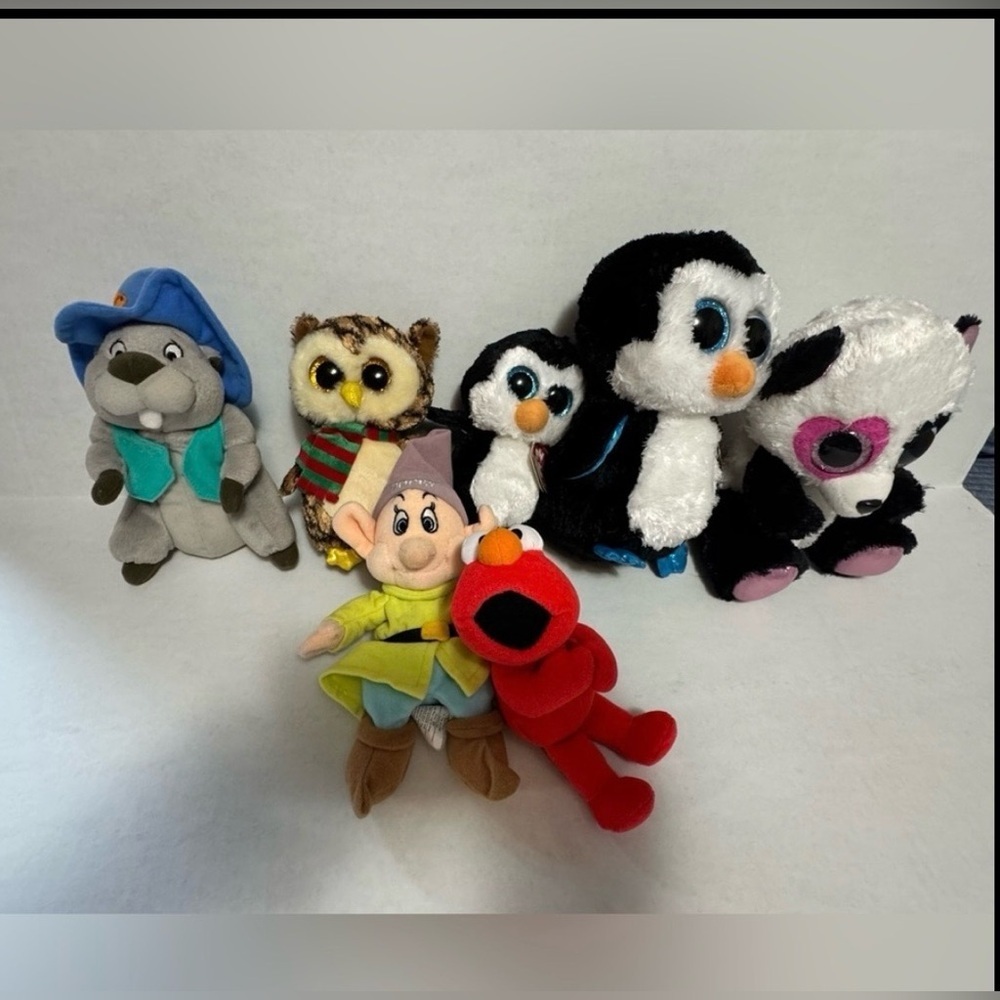 Assorted Plush Toy Lot - Penguins, Owl, Panda, Elmo & More